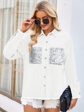 Load image into Gallery viewer, Raw Hem Button Up Long Sleeve Denim Jacket with Sequin Pockets
