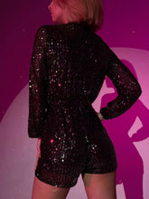 Load image into Gallery viewer, Full Size Sequin Surplice Tie Waist Long Sleeve Romper