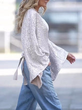 Load image into Gallery viewer, Tied Sequin Surplice Flare Sleeve Blouse