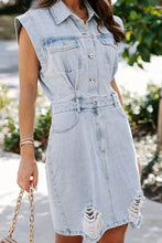 Load image into Gallery viewer, Distressed Half Button Cap Sleeve Denim Dress
