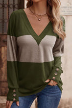 Load image into Gallery viewer, Decorative Button Contrast V-Neck Long Sleeve T-Shirt