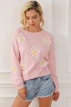 Load image into Gallery viewer, Flower Round Neck Dropped Shoulder Sweater