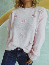 Load image into Gallery viewer, Bow Trim Round Neck Long Sleeve Sweater