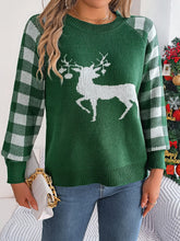 Load image into Gallery viewer, Reindeer Plaid Round Neck Long Sleeve Sweater