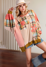 Load image into Gallery viewer, Slit Plaid Round Neck Long Sleeve Sweatshirt