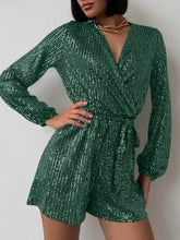 Load image into Gallery viewer, Full Size Sequin Surplice Tie Waist Long Sleeve Romper