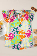 Load image into Gallery viewer, Ruffled Printed Tie Neck Cap Sleeve Blouse