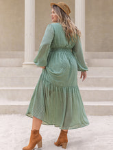 Load image into Gallery viewer, Plus Size Tassel Printed Tie Neck Long Sleeve Midi Dress
