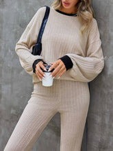 Load image into Gallery viewer, Contrast Round Neck Long Sleeve Top and Bootcut Pants Set