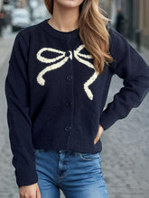 Load image into Gallery viewer, Bow Button Down Round Neck Cardigan