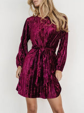 Load image into Gallery viewer, Velvet Round Neck Tie Waist Long Sleeve Mini Dress