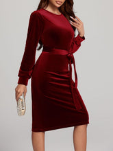 Load image into Gallery viewer, Round Neck Tie Waist Long Sleeve Velvet Dress