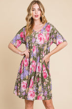 Load image into Gallery viewer, BOMBOM Flower Print V-Neck Ruched Dress