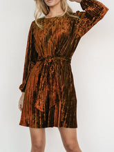 Load image into Gallery viewer, Velvet Round Neck Tie Waist Long Sleeve Mini Dress