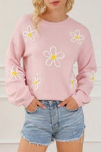 Load image into Gallery viewer, Flower Round Neck Dropped Shoulder Sweater