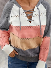 Load image into Gallery viewer, Lace-Up Contrast Long Sleeve Hooded Sweater