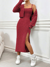 Load image into Gallery viewer, Ribbed Long Sleeve Cropped Cardigan and Slit Cami Dress Set