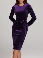 Load image into Gallery viewer, Round Neck Tie Waist Long Sleeve Velvet Dress