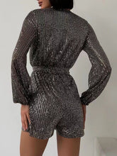 Load image into Gallery viewer, Full Size Sequin Surplice Tie Waist Long Sleeve Romper