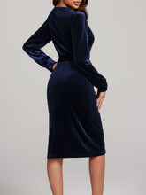 Load image into Gallery viewer, Round Neck Tie Waist Long Sleeve Velvet Dress