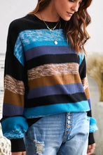 Load image into Gallery viewer, Contrast Striped Round Neck Drop Shoulder Sweater