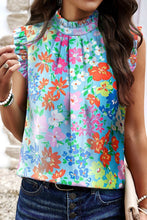 Load image into Gallery viewer, Ruffled Printed Mock Neck Cap Sleeve Blouse