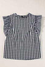 Load image into Gallery viewer, Ruffled Plaid Mock Neck Cap Sleeve Blouse