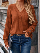 Load image into Gallery viewer, Decorative Button V-Neck Long Sleeve T-Shirt