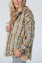 Load image into Gallery viewer, Drawstring Waffle Knit Patchwork Hooded Plaid Shacket