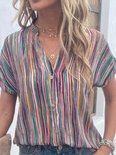 Load image into Gallery viewer, Striped Notched Short Sleeve Blouse