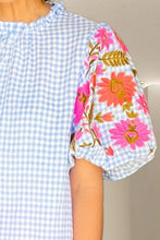 Load image into Gallery viewer, Embroidered Plaid Round Neck Short Sleeve Blouse