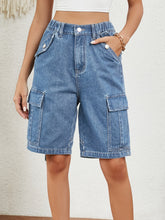 Load image into Gallery viewer, Buttoned Elastic Waist Denim Shorts with Pockets