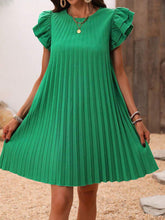 Load image into Gallery viewer, Pleated Round Neck Cap Sleeve Mini Dress
