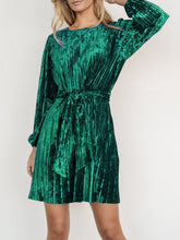 Load image into Gallery viewer, Velvet Round Neck Tie Waist Long Sleeve Mini Dress
