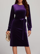 Load image into Gallery viewer, Round Neck Tie Waist Long Sleeve Velvet Dress