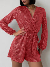 Load image into Gallery viewer, Full Size Sequin Surplice Tie Waist Long Sleeve Romper