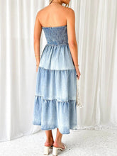 Load image into Gallery viewer, Slit Smocked Tube Tiered Denim Dress