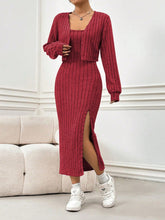 Load image into Gallery viewer, Ribbed Long Sleeve Cropped Cardigan and Slit Cami Dress Set