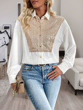 Load image into Gallery viewer, Perfee Sequin Contrast Collared Neck Long Sleeve Shirt