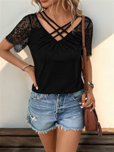 Load image into Gallery viewer, Lace Detail V-Neck Short Sleeve T-Shirt