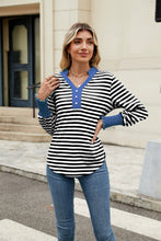 Load image into Gallery viewer, Contrast Striped Notched Long Sleeve Top