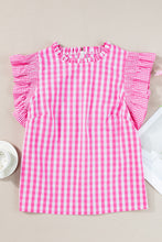 Load image into Gallery viewer, Ruffled Plaid Mock Neck Cap Sleeve Blouse