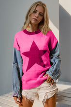 Load image into Gallery viewer, Double Take Full Size Star Pattern Raw Edge Denim Sleeve Sweater