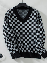 Load image into Gallery viewer, Checkered V-Neck Dropped Shoulder Sweater