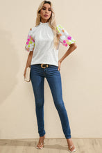 Load image into Gallery viewer, Sequin Flower Mock Neck Half Sleeve Blouse