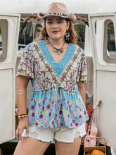 Load image into Gallery viewer, Plus Size Ruched Lace Detail Printed V-Neck Short Sleeve Blouse