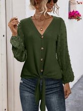 Load image into Gallery viewer, Tied Swiss Dot V-Neck Long Sleeve Blouse