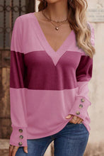 Load image into Gallery viewer, Decorative Button Contrast V-Neck Long Sleeve T-Shirt