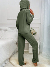 Load image into Gallery viewer, Drawstring Half Button Hooded Top and Ribbed Pants Set