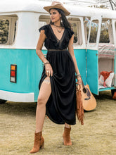 Load image into Gallery viewer, Lace Detail Plunge Cap Sleeve Midi Dress